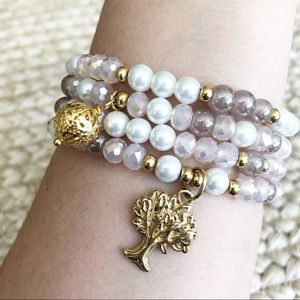 Set of 3 Purple Crystal and White Pearl Bracelets